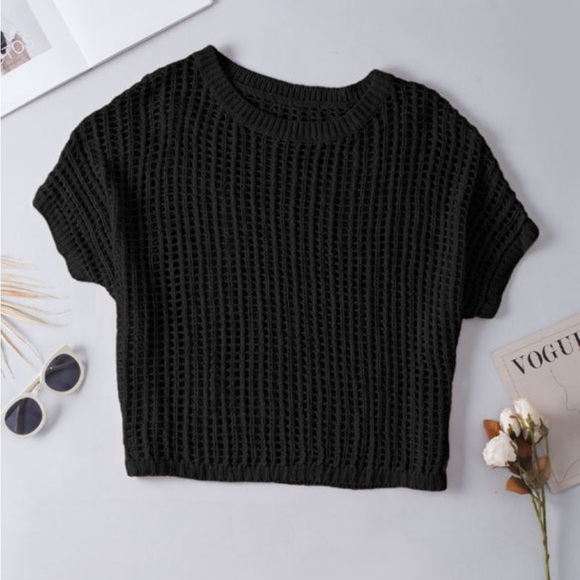 Black Open Weave Crochet Knit Fish net Drop Shoulder Top - Picture 11 of 15